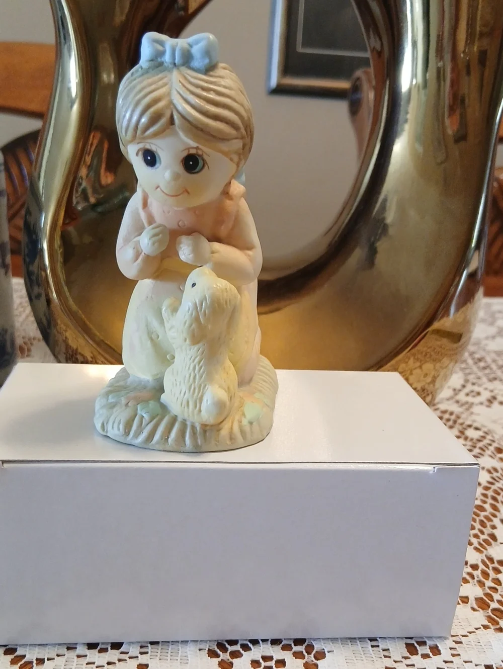 Ceramic Girl Figurine with Puppy - Pastel Blue Accent